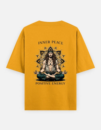 Print 999 mustard yellow oversized cotton t-shirt featuring a detailed spiritual meditation back print design.