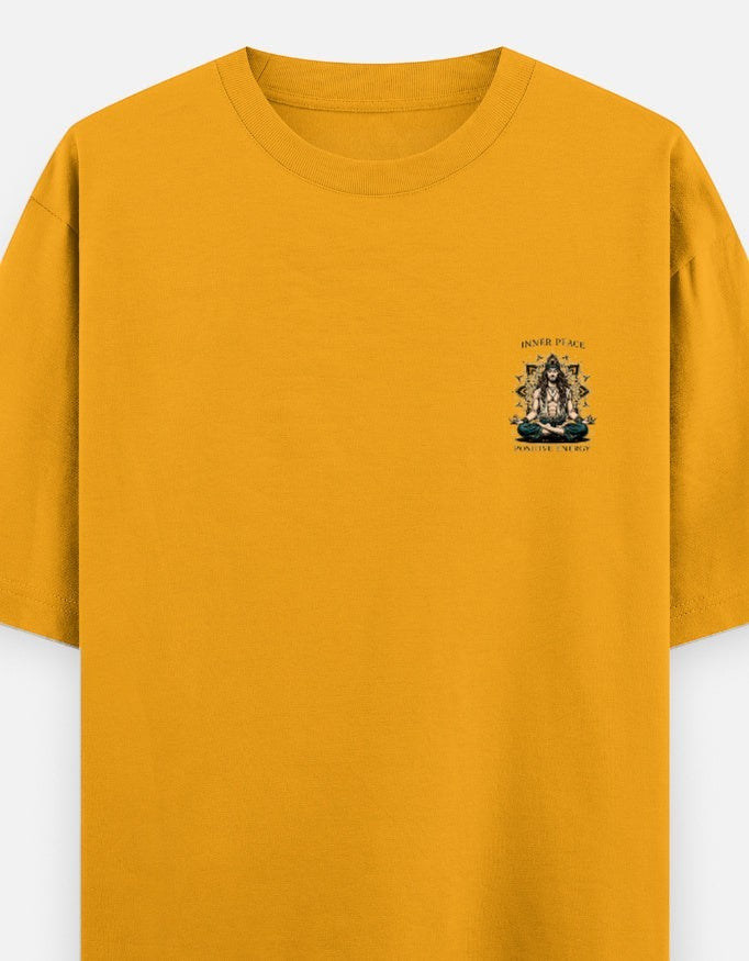 Print 999 mustard yellow oversized heavyweight cotton t-shirt with a small spiritual chest emblem