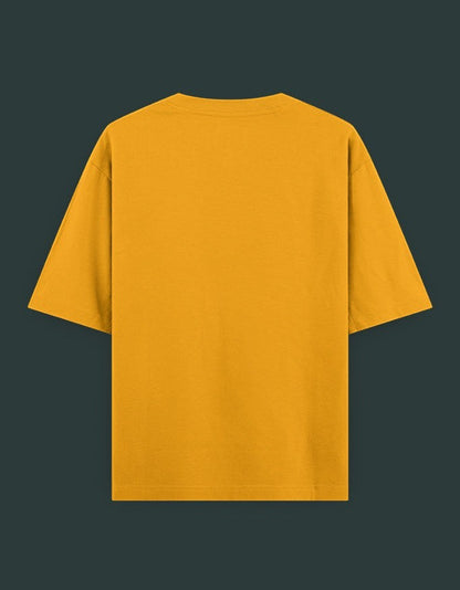 Print 999 mustard yellow heavyweight cotton oversized t-shirt, back view showing plain premium fabric drape.