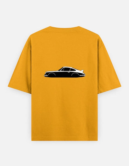 Print 999 mustard yellow oversized cotton t-shirt featuring a black and white vintage car graphic on the back
