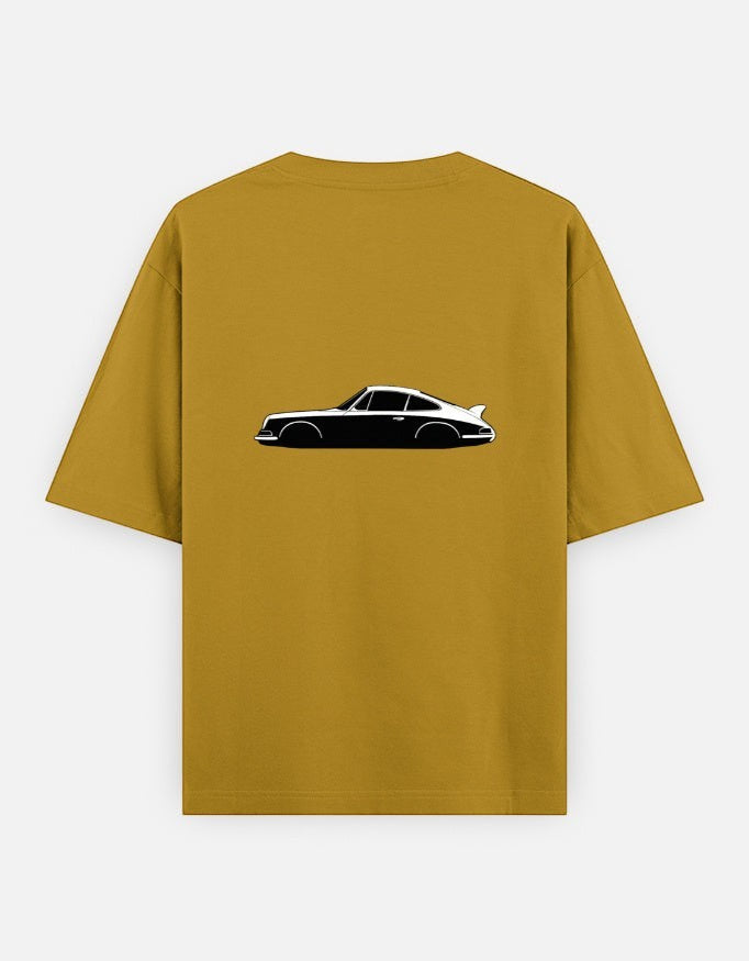 Print 999 mustard yellow heavyweight cotton oversized t-shirt with a black and white vintage car graphic on the back