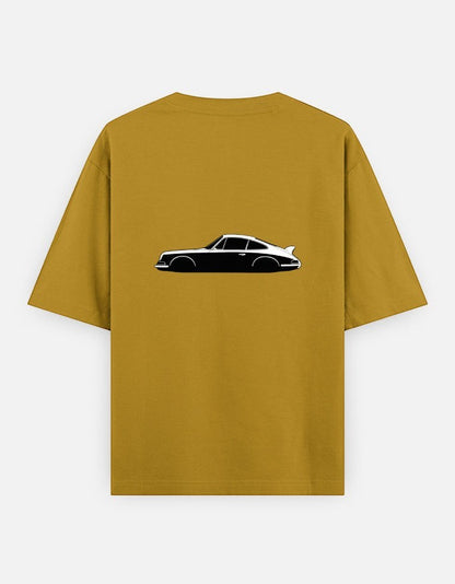 Print 999 mustard yellow heavyweight cotton oversized t-shirt with a black and white vintage car graphic on the back