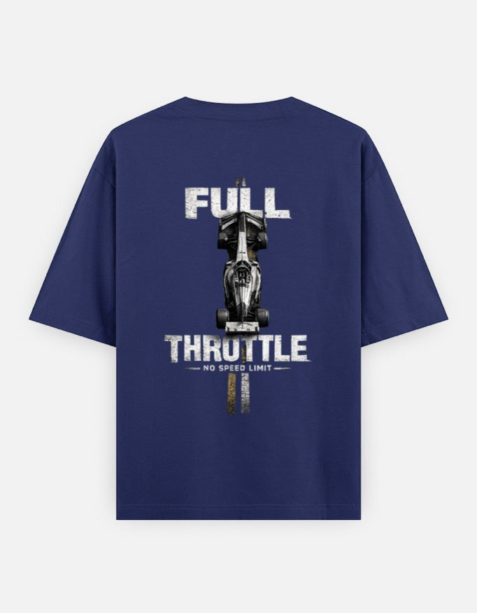 Print 999 navy blue oversized motorsport t-shirt with a large racing car graphic on the back and Full Throttle text.