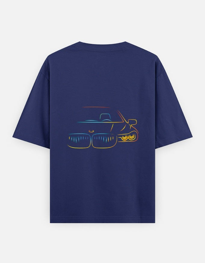 Print 999 navy blue oversized heavyweight cotton t-shirt featuring a neon-style car outline graphic on the back.