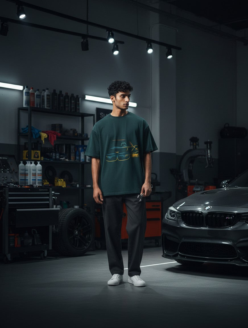 Print 999 oversized dark green cotton t-shirt with neon car graphic, worn by a man in a garage setting.