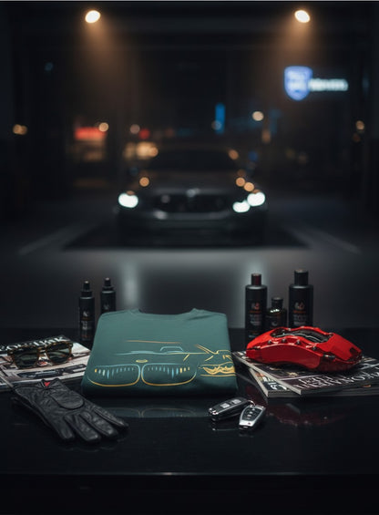 Print 999 green oversized cotton t-shirt with neon car graphic, displayed on a table with car accessories.