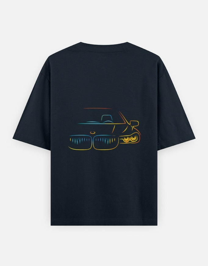 Print 999 black oversized t-shirt featuring a neon-style outline graphic of a car front on the back.