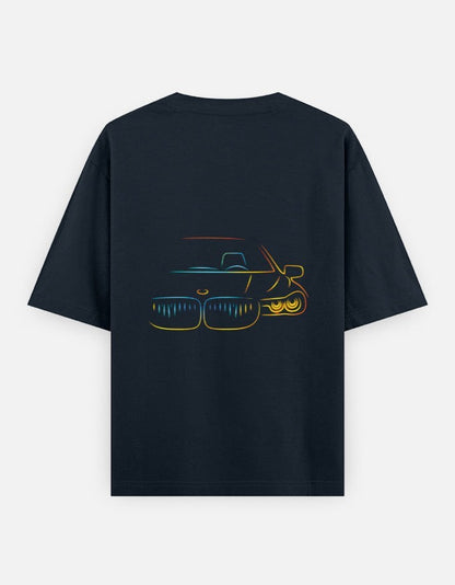 Print 999 black oversized t-shirt featuring a neon-style outline graphic of a car front on the back.