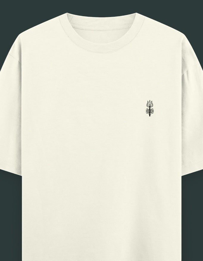 Print 999 off-white heavyweight cotton oversized t-shirt featuring a minimal black Shiva Trishul chest print.