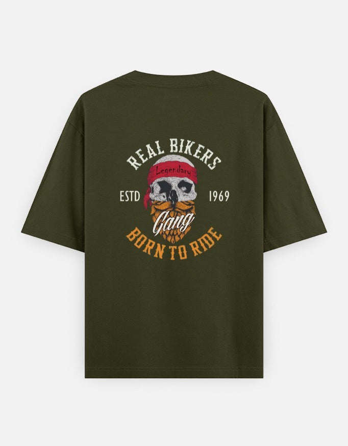 Print 999 olive green oversized biker t-shirt with a vintage skull graphic on the back in 240 GSM heavyweight cotton.