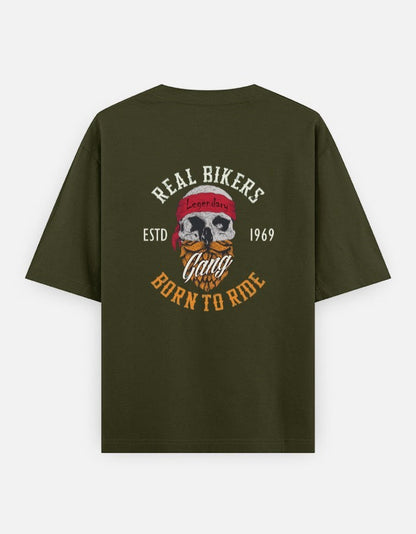 Print 999 olive green oversized biker t-shirt with a vintage skull graphic on the back in 240 GSM heavyweight cotton.