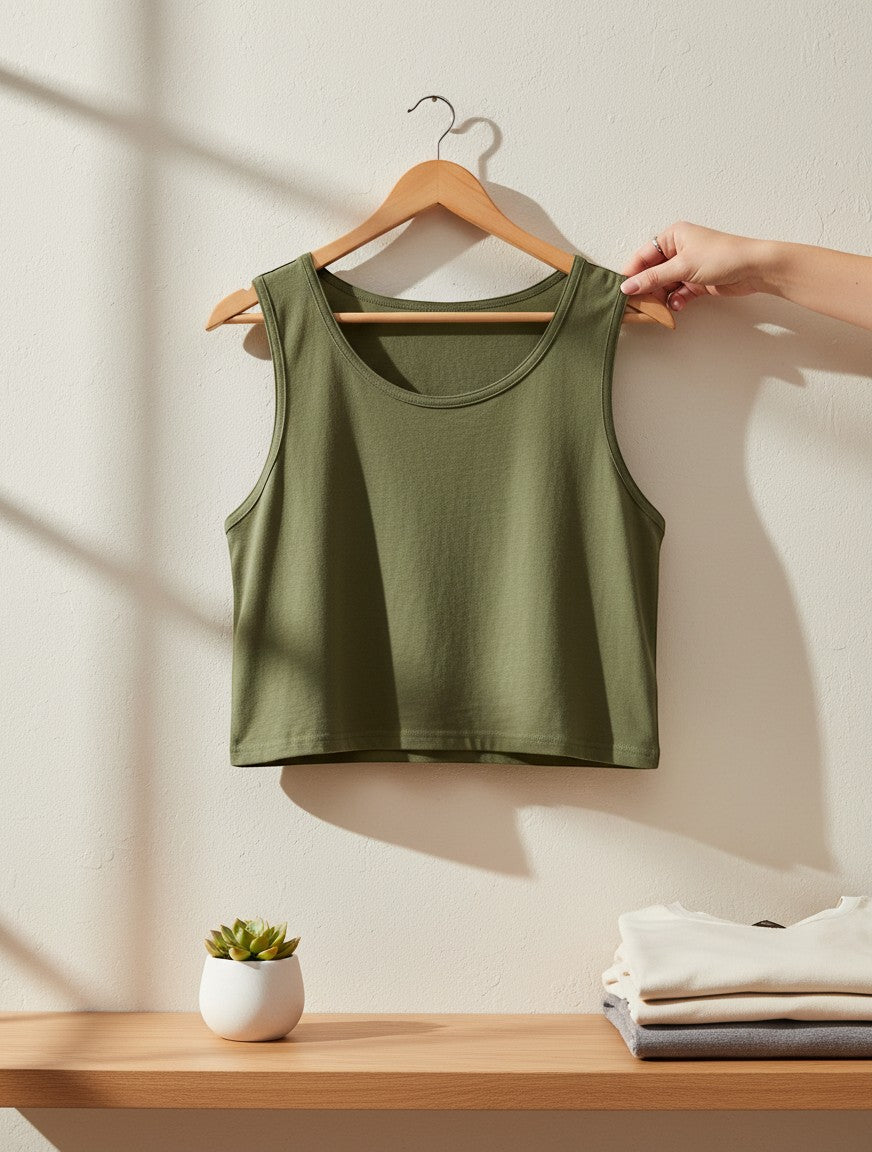 Print 999 olive green premium cotton crop tank top with wide straps hanging on a wooden hanger against a neutral wall.