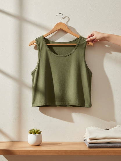 Print 999 olive green premium cotton crop tank top with wide straps hanging on a wooden hanger against a neutral wall.