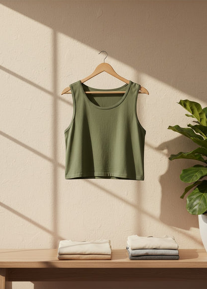Print 999 olive green premium cotton crop tank top hanging on a wooden hanger against a neutral wall.