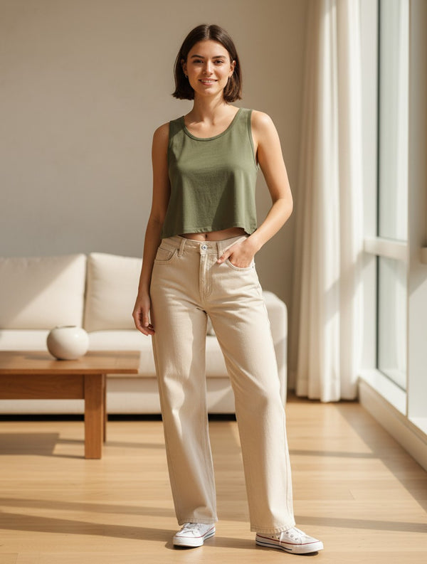 Print 999 olive green premium cotton crop tank top worn by a woman with beige trousers in a bright living room.