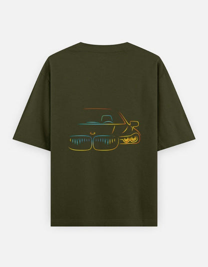 Print 999 olive green heavyweight cotton oversized t-shirt featuring a neon-style car outline graphic on the back