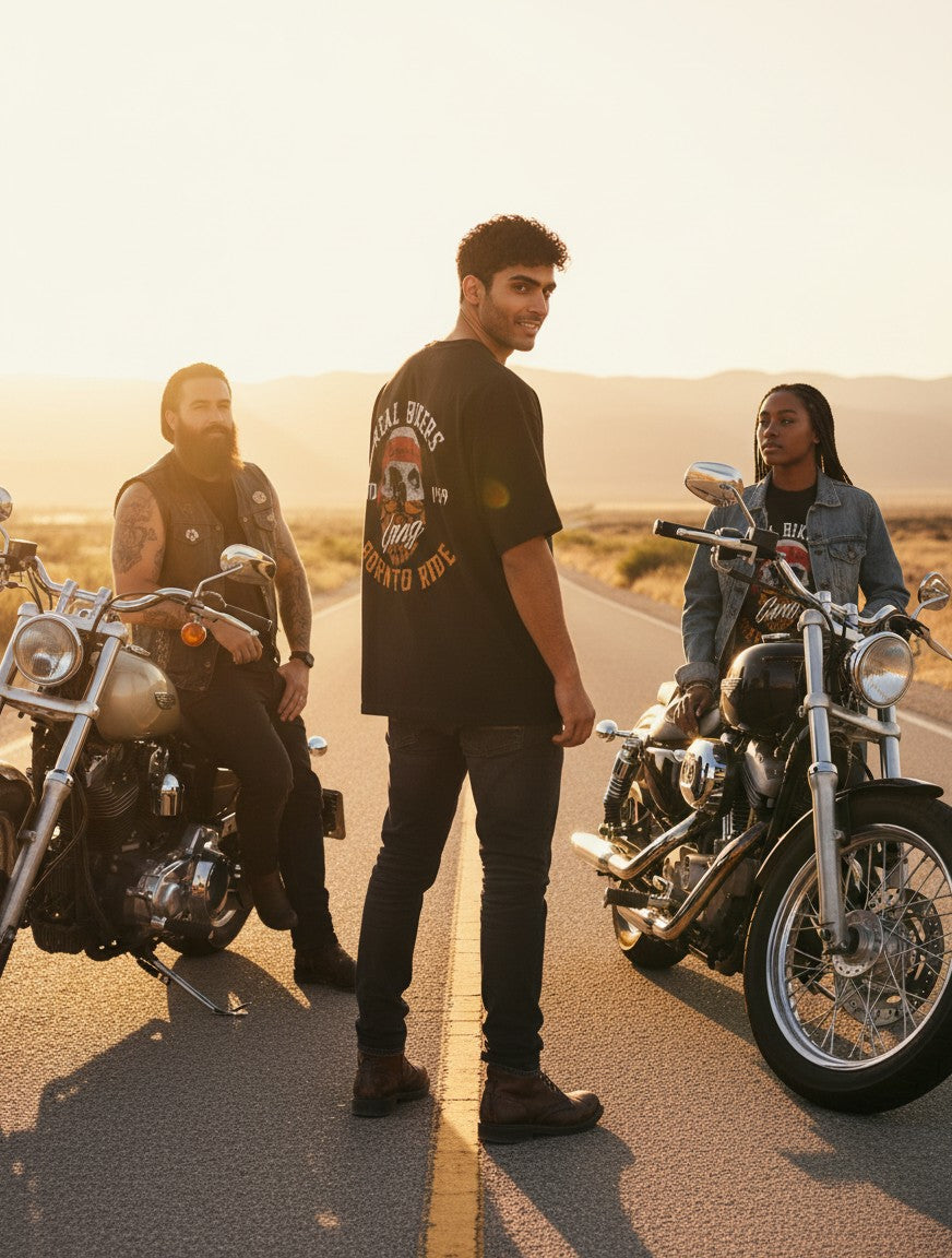 Print 999 oversized black biker t-shirt with back graphic worn by a man standing between two motorcyclists at sunset