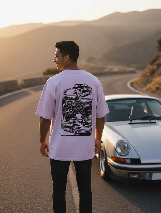Print 999 oversized white cotton t-shirt with automotive back graphic, worn by a man standing by a sports car.
