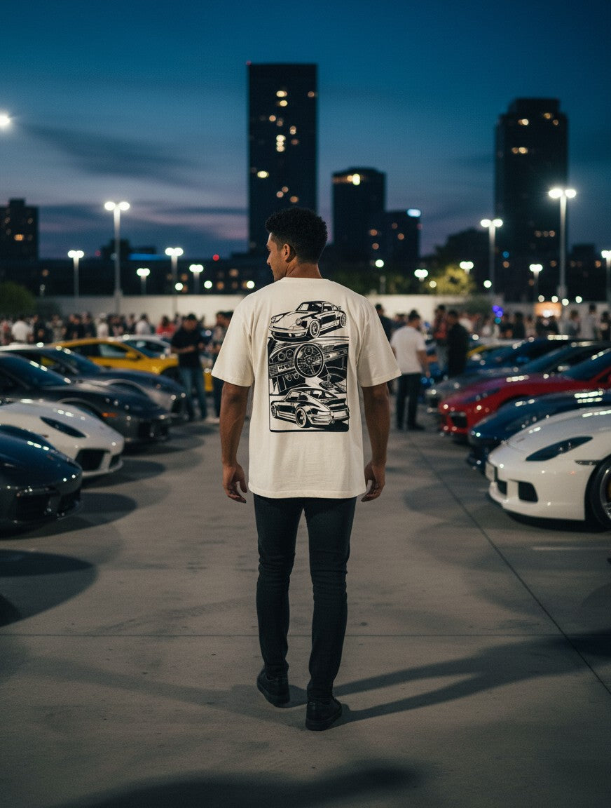 Print 999 oversized cream t-shirt with sports car back graphic worn by a man at a night car meet