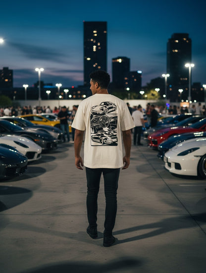 Print 999 oversized cream t-shirt with sports car back graphic worn by a man at a night car meet