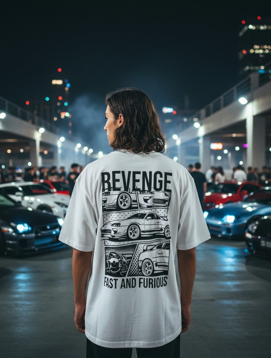 Print 999 white oversized cotton t-shirt with black Revenge Fast and Furious car graphic print on the back