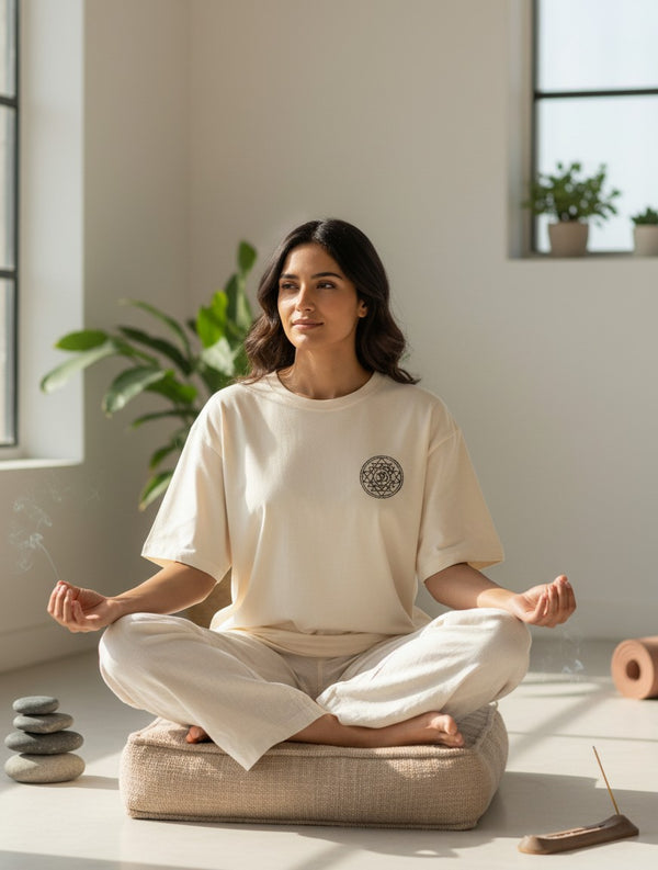 Woman in Print 999 oversized cream cotton t-shirt with Om Sri Yantra print meditating in a bright, peaceful room.