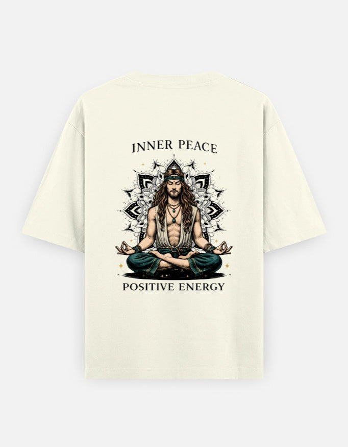 Print 999 oversized cream cotton t-shirt featuring a back print of a man meditating in front of a mandala design.