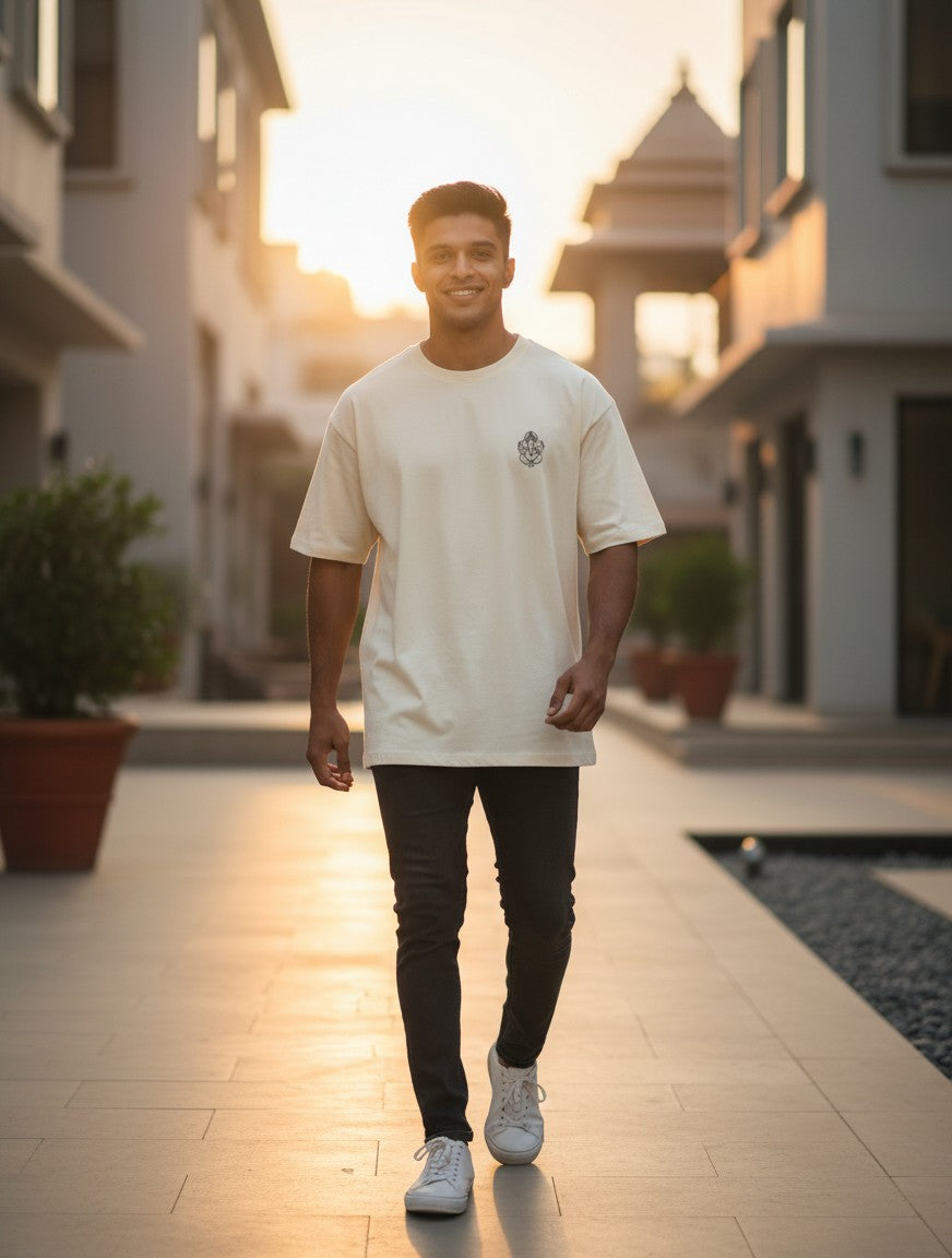 Print 999 unisex oversized off-white heavyweight cotton t-shirt featuring a minimalist Ganesh line art chest print.