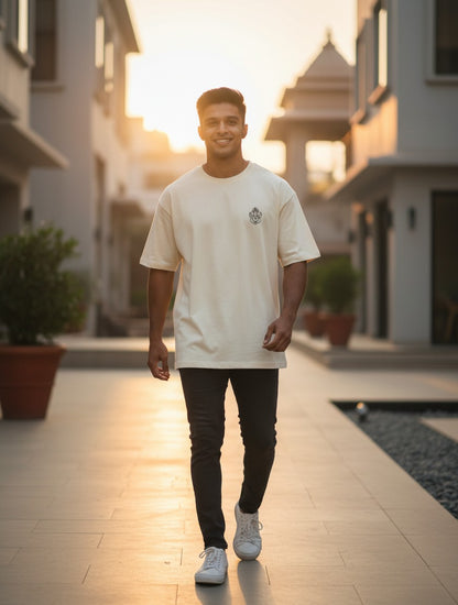 Print 999 unisex oversized off-white heavyweight cotton t-shirt featuring a minimalist Ganesh line art chest print.