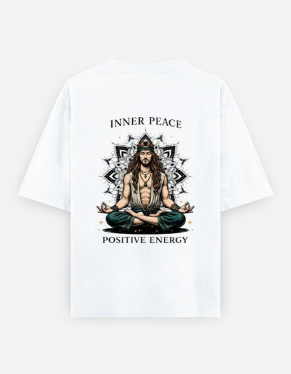 Print 999 white oversized cotton t-shirt with back graphic of a man meditating in front of a mandala design.