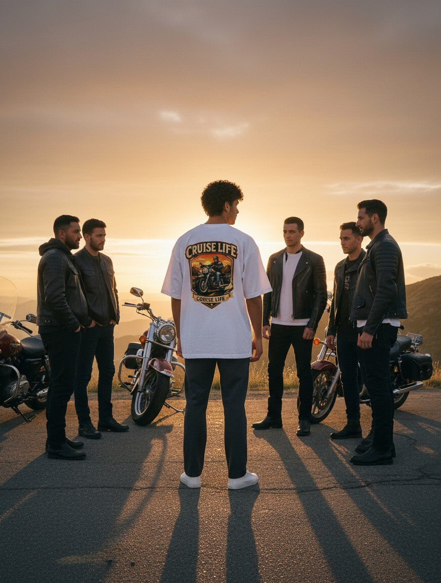 Print 999 white oversized cotton t-shirt with Cruise Life motorcycle graphic, worn by a man in a group of bikers at sunset