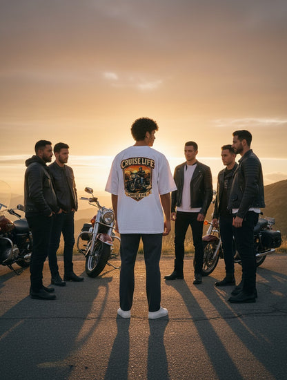 Print 999 white oversized cotton t-shirt with Cruise Life motorcycle graphic, worn by a man in a group of bikers at sunset