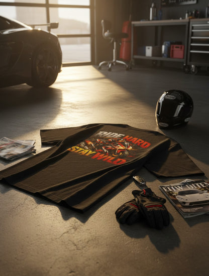 Print 999 black oversized cotton t-shirt with Ride Hard Stay Wild motorcycle graphic, displayed in a garage setting.