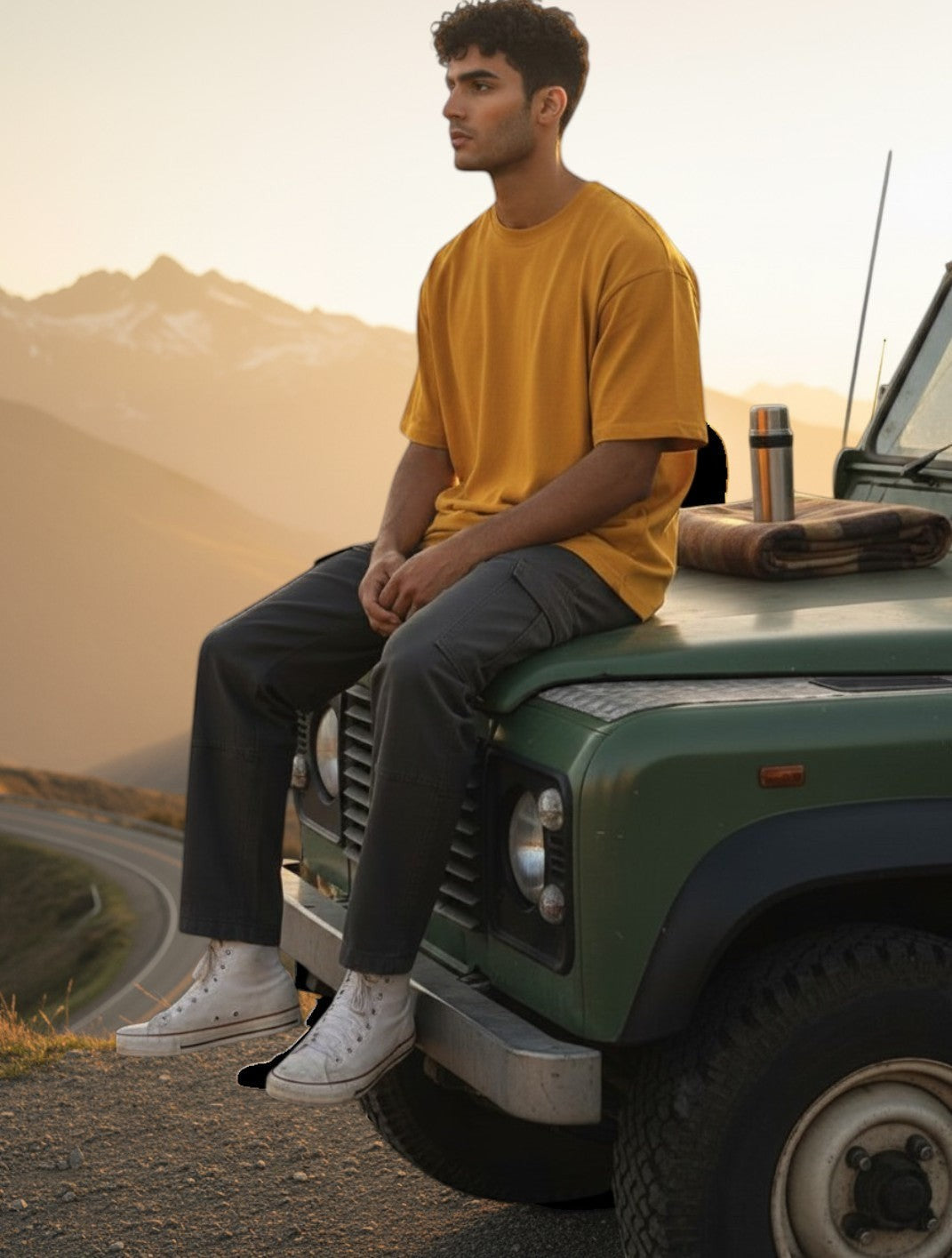 Print 999 oversized mustard yellow cotton t-shirt with Run Wild graphic worn by a man sitting on a green off-road vehicle