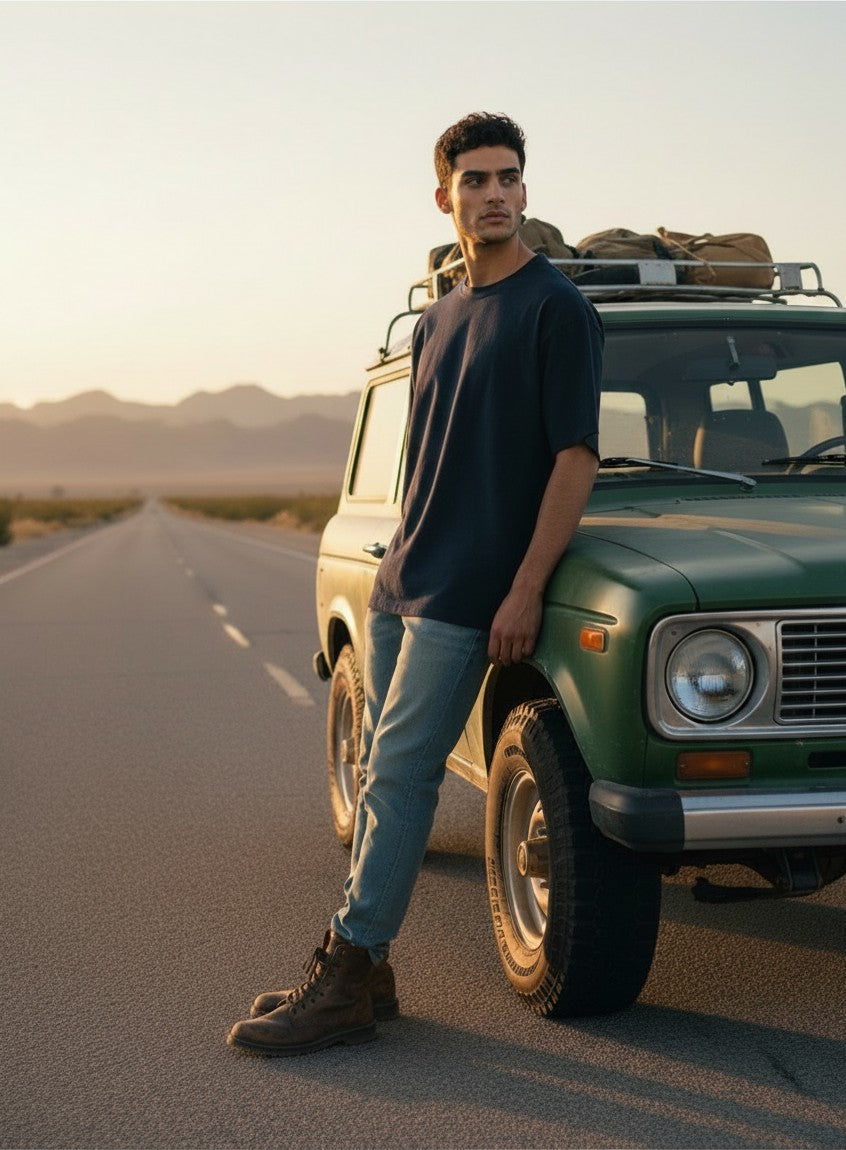Print 999 oversized navy cotton t-shirt worn by a man leaning against a vintage green SUV on a desert road.