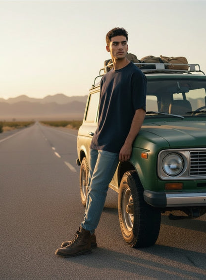 Print 999 oversized navy cotton t-shirt worn by a man leaning against a vintage green SUV on a desert road.