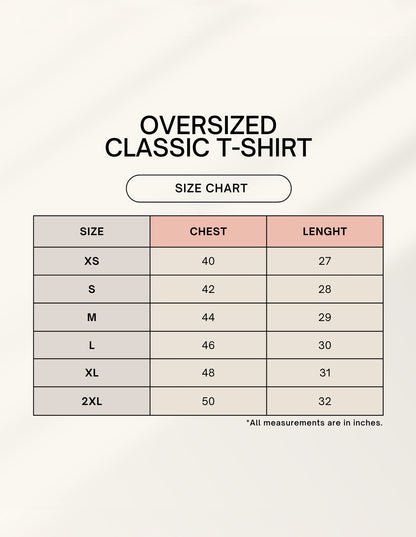 Print 999 oversized t-shirt size chart with chest and length measurements in inches for sizes XS to 2XL.