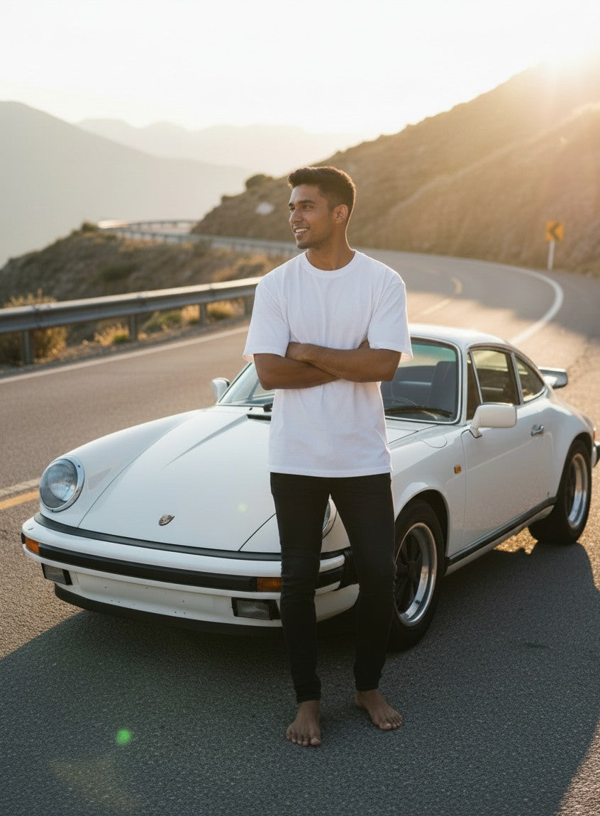 Print 999 oversized white cotton t-shirt worn by a man standing beside a white vintage sports car on a mountain road.