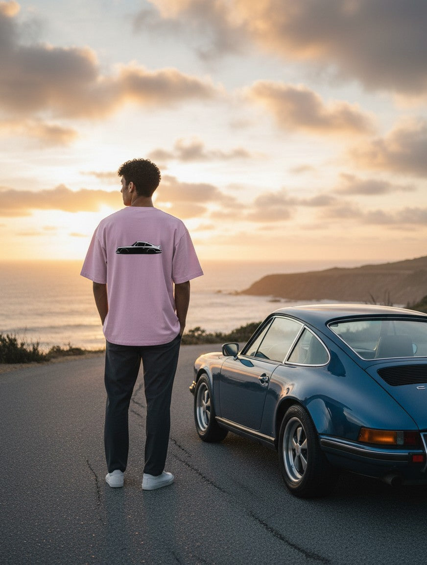 Print 999 oversized light pink t-shirt with car graphic on back, worn by a man standing by a blue vintage sports car.