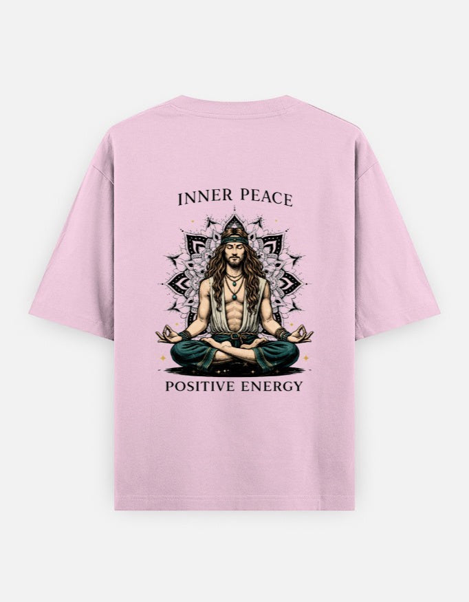 Print 999 light pink oversized heavyweight cotton t-shirt with back print of a man meditating in front of a mandala