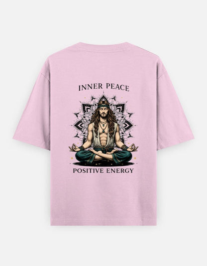 Print 999 light pink oversized heavyweight cotton t-shirt with back print of a man meditating in front of a mandala