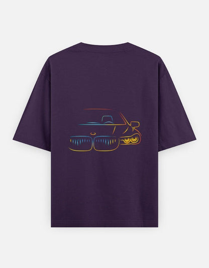 Print 999 dark purple oversized cotton t-shirt featuring a neon-style outline graphic of a car front on the back.