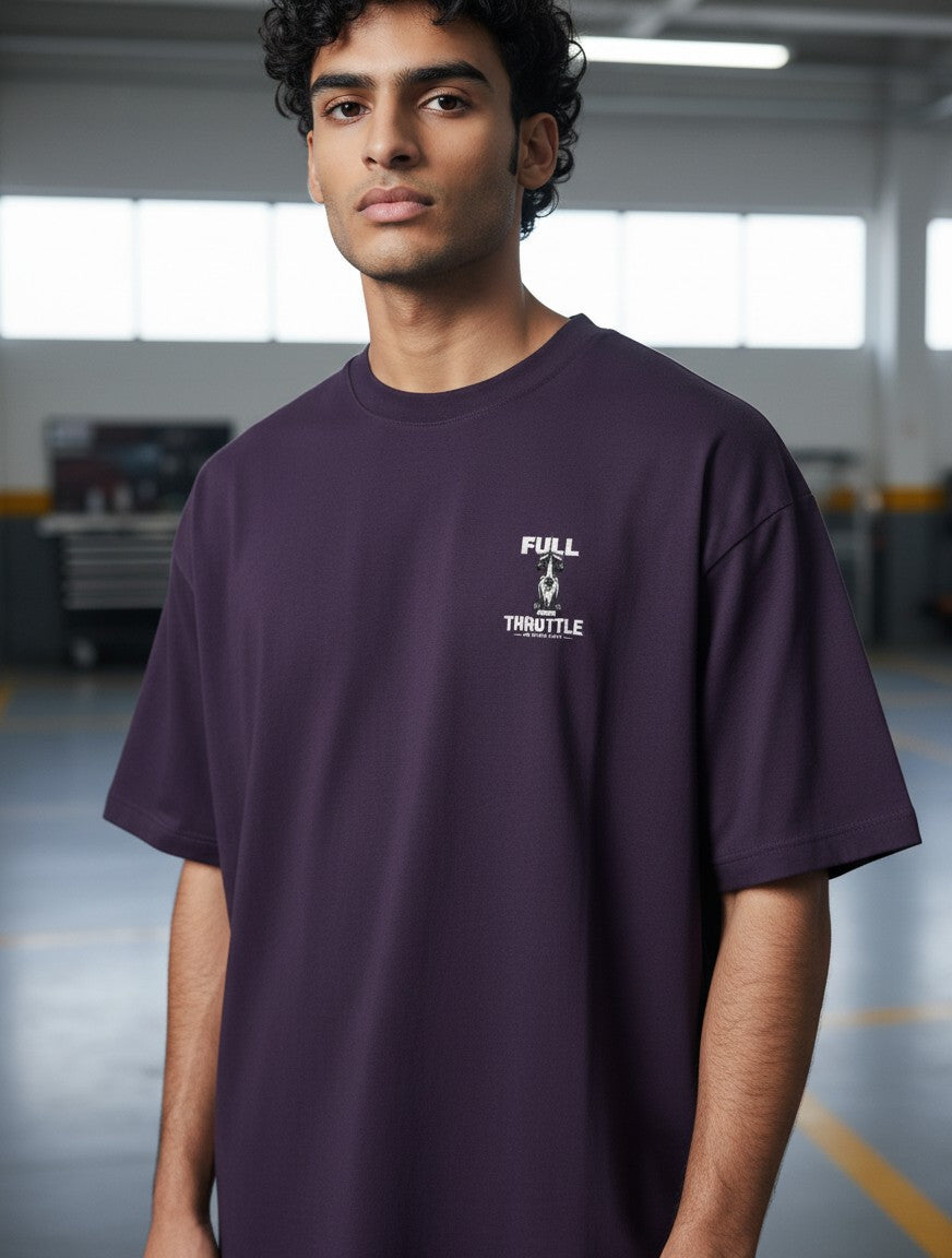 Print 999 oversized purple cotton t-shirt with a minimalist Full Throttle chest logo worn by a male model.