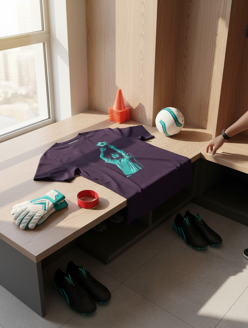 Print 999 dark purple cotton graphic t-shirt with a soccer goalkeeper print, displayed on a wooden bench.