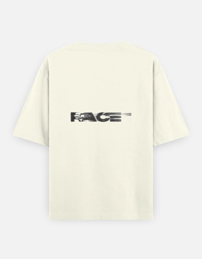 Print 999 Race Mode oversized cream cotton t-shirt with back graphic print featuring a motion blur text effect.