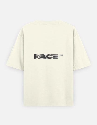Print 999 Race Mode oversized cream cotton t-shirt with back graphic print featuring a motion blur text effect.