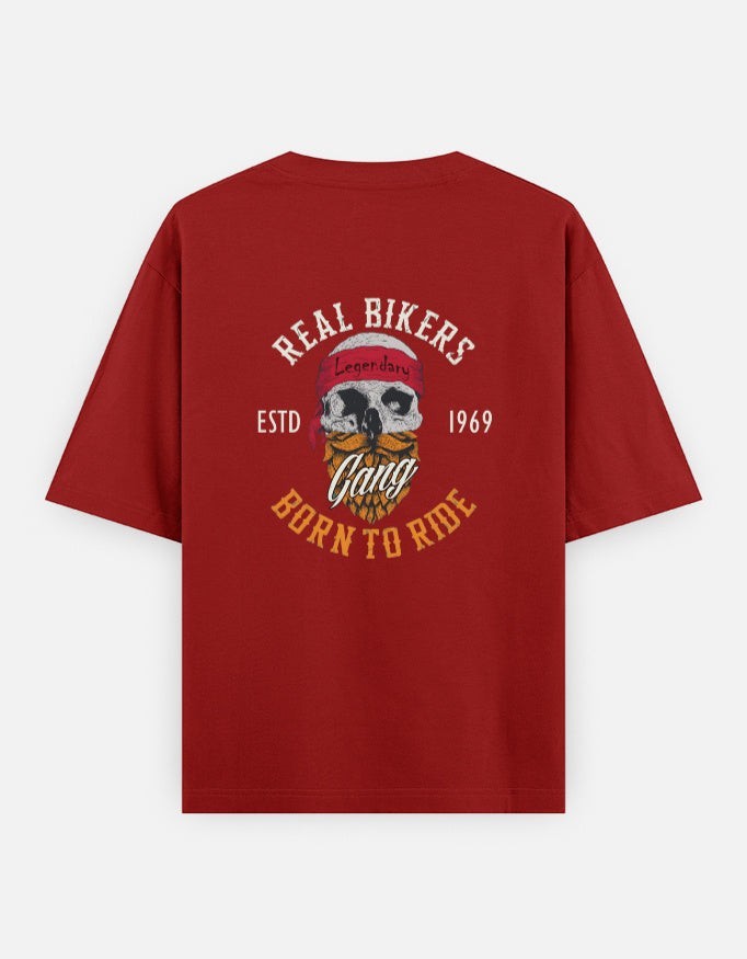 Print 999 red oversized biker t-shirt featuring a vintage skull graphic on the back with Real Bikers Gang text.