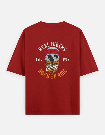 Print 999 red oversized biker t-shirt featuring a vintage skull graphic on the back with Real Bikers Gang text.