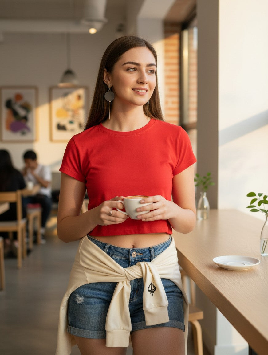 A woman wearing a Print 999 red cotton half-sleeve crop top, styled with denim shorts in a bright cafe setting.