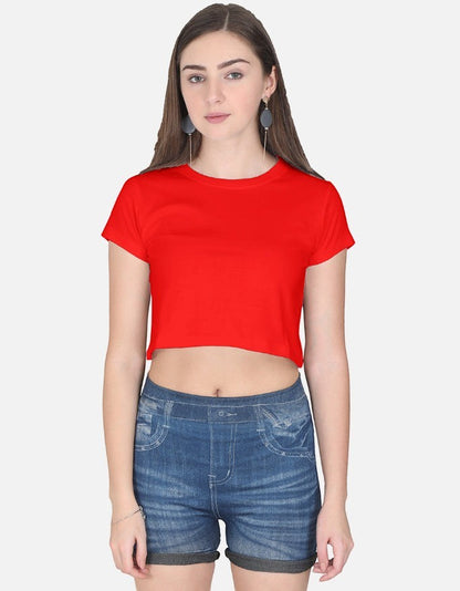 A model wearing a Print 999 red half-sleeve cotton crop top paired with denim shorts for a casual look.